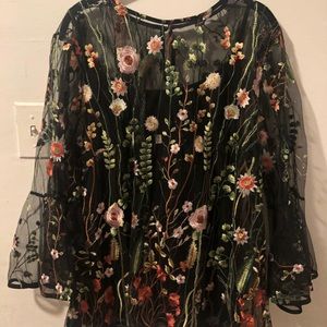 Plus Size Mesh and Floral Embroidered Top
